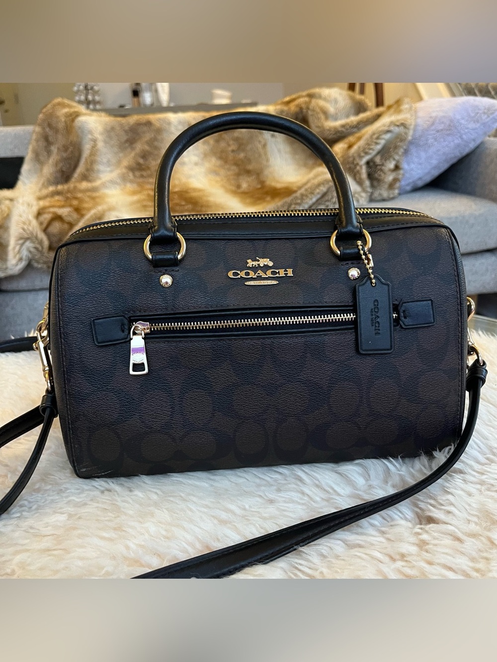 COACH Rowan Satchel Signature Canvas Brown Black Leather Crossbody Bag